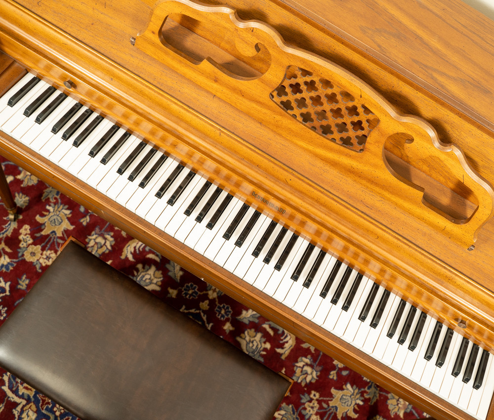 Kimball Console Piano Satin Oak